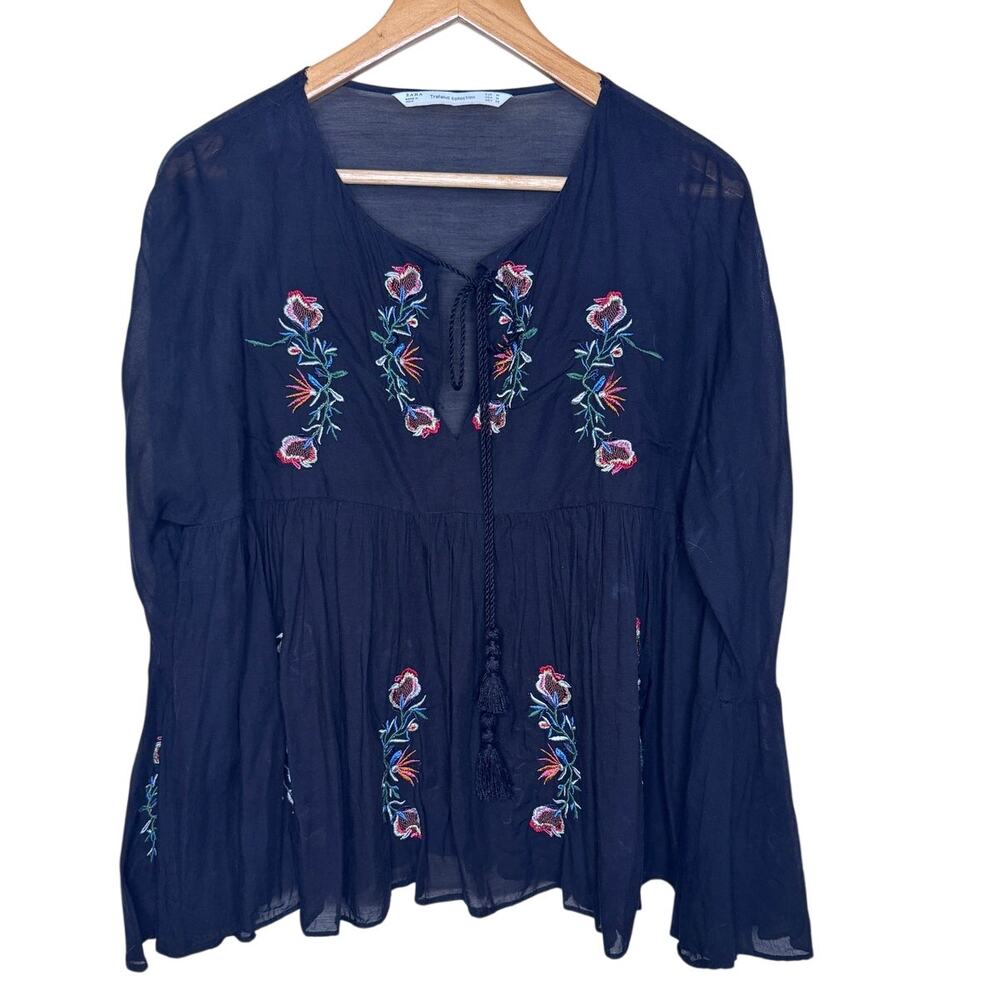 ZARA Trafaluc Collection Embroidered Boho Bell Sleeve Tassel Blouse Size: M